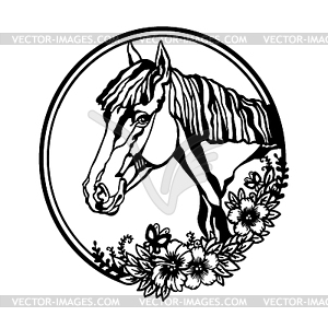 Head of beautiful Horse and flowers - vector clipart