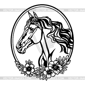 Head of Horse and flowers in circle - vector clip art