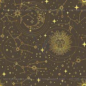 Linear brown celestial seamless pattern - vector clipart