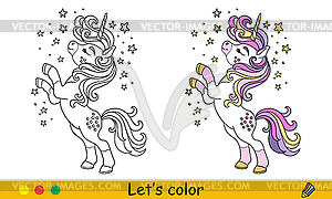 Kids coloring with color template cute magic unicorn - vector clip art