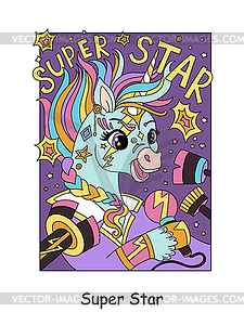 Cute rock music unicorn children color - vector clip art