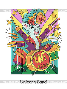 Cool rock music unicorn playing drums kids - vector clipart