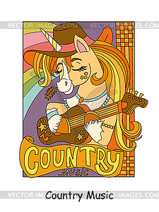 Cute country music unicorn kids - color vector clipart