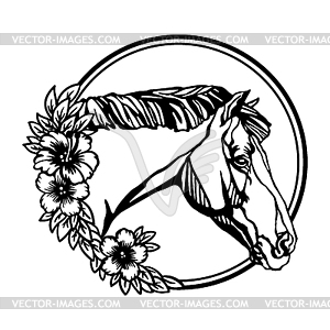 Horse head with flowers in round shape - vector image