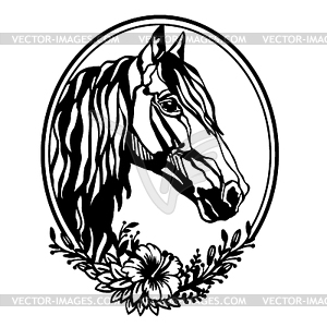 Horse head with flowers in an oval - vector image