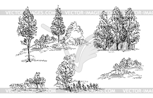 Hand drawing trees and shrubs set - vector image