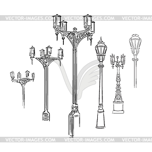 Ancient street lamp hand drawing - vector image