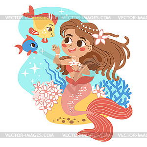 Funny cartoon mermaid character under sea - vector image