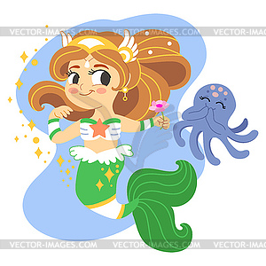 Cartoon mermaid character under sea - vector clip art