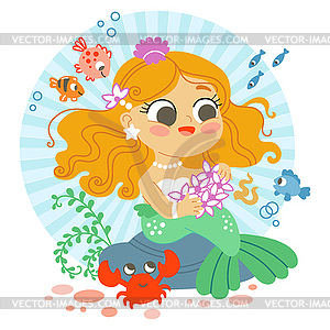 Happy cartoon mermaid character under sea cute - vector clipart / vector image