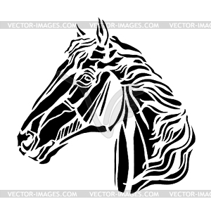 Beautiful black horse head with curly mane - vector clipart