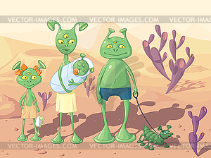 Family of aliens with children and a dog - vector clipart