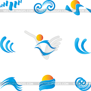 Волны, вода и солнце Коллекция логосов - изображение в векторном формате
