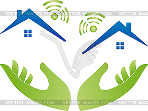 Hands and houses with Fi-Wi, Internet and Fi-Wi logo - vector image