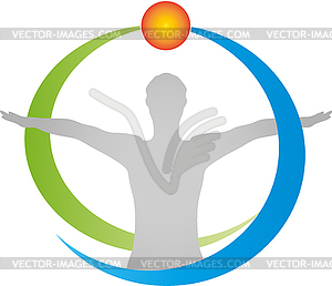 Person, circles and sun, fitness and health logo - vector clipart