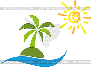 Palm tree, water and sun, island, travel logo - vector clipart / vector image