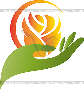Flower, rose and hand, gift, logo - vector clipart