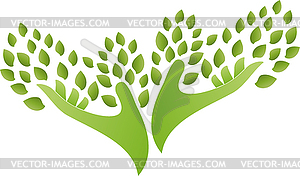 Hands, leaves, gardener, naturopath, logo - vector image