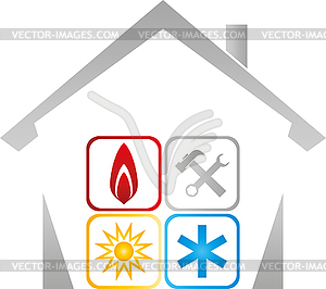 House, Sun, Snow, Flame, Installer Logo - vector image