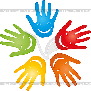 Five hands with faces, group, kids, logo - vector image