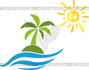 Island, sun, palm, tropical island, logo - vector clip art