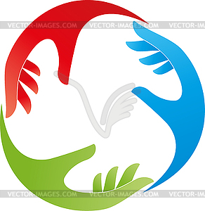 Three hands in color, team, family, logo - vector image