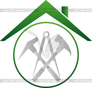 Roofing tools and roof, roofer, tools, logo - vector image