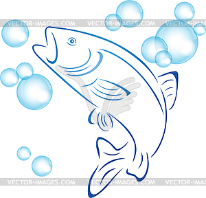 Форель, рыба и вода, пузыри, рыбалка, логотип, значок - рисунок в векторном формате