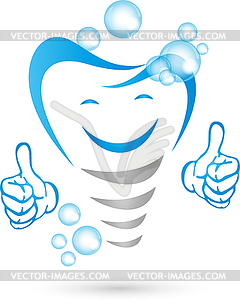 Dental implant with hands and smile, dental care, logo - vector image