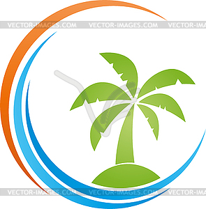 Остров, солнце, пальма, тропический остров, путешествия, логотип - векторный клипарт EPS
