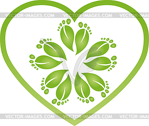 Many feet, heart, foot care, massage, logo - vector image