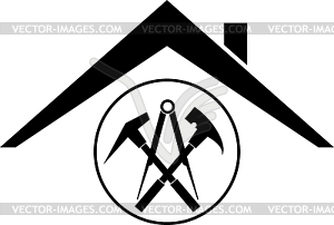 Кровельные инструменты и кровля, инструменты, кровельщик, логотип - черно-белый векторный клипарт