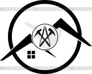 Roofing tools and roofs, roofer, sticker label, logo - vector EPS clipart