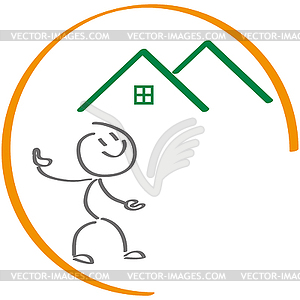 Человек, два дома и солнце, логотип недвижимости, значок - рисунок в векторе