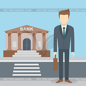 Businessman bank building - vector clipart