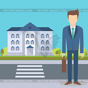 Businessman at office building - vector clipart / vector image