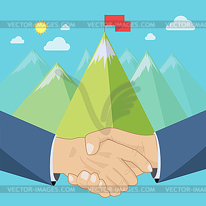 Shaking hands, mountains - vector EPS clipart