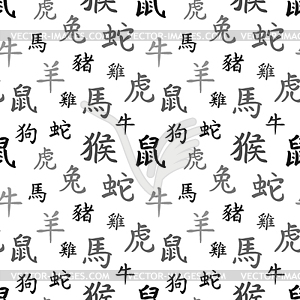 Chinese zodiac symbols, black hieroglyphs, - vector image