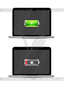 Laptops with full and empty glossy battery icons - vector image