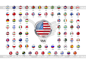 Round glossy icons with metallic border, flags of - vector image