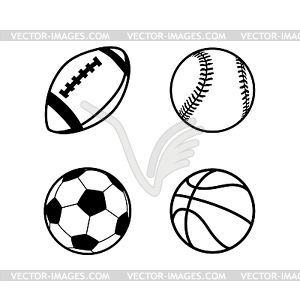 Четыре простых черные иконки мячей для регби, - векторный эскиз
