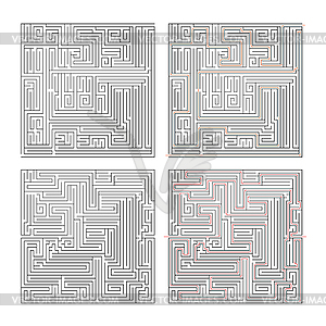 Two different mazes of high complexity and solutions - vector clipart