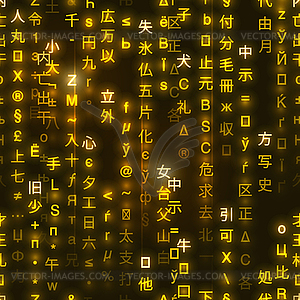 Golden symbols of matrix code on dark background, - vector clip art