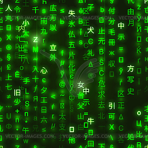 Green symbols of matrix binary code on dark, digita - vector clipart