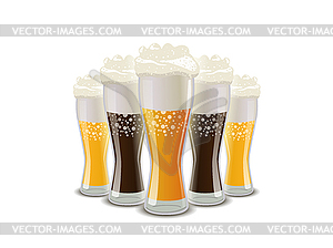 Many glasses of light and dark beer with foam - vector image