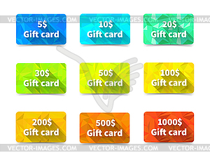 Set of nine gift cards different value and colours - vector clip art