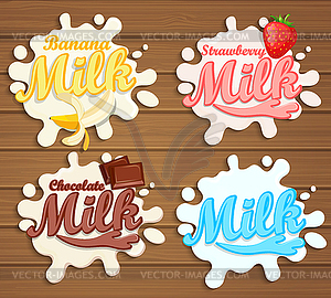 Milk labels splash on wood background - vector clipart