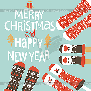 Family feet in Christmas socks - vector image