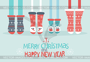 Family feet in Christmas socks - vector image