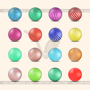 Set of glossy colored balls with halftone fill,  - stock vector clipart